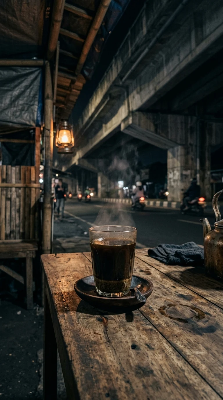 Segelas kopi tubruk di meja kayu warkop malam dengan lentera minyak menyala redup