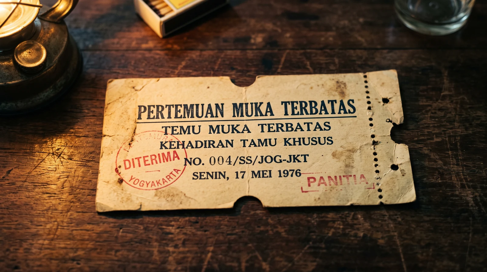 Tiket Fisik Vintage Pertemuan Muka Terbatas Mas Aldi di Meja Warkop